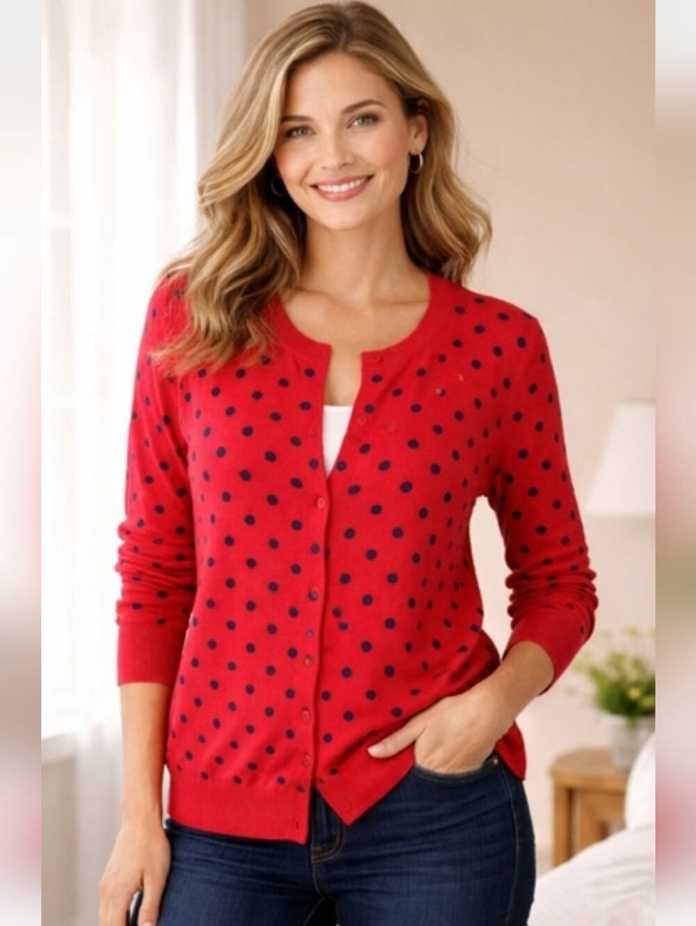 Ellen Tracy Red Polka Dot Women's Cardigan Sweater